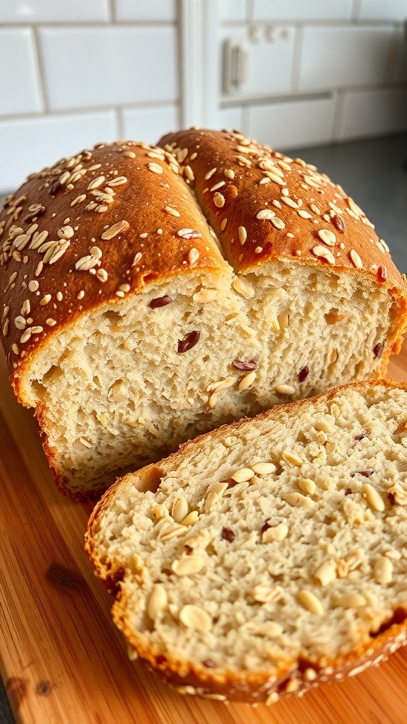 Homemade Multigrain Bread in a Bread Machine A sliced loaf of multigrain bread with seeds and grains on a wooden cutting board.